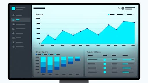 B2B revenue dashboard displaying Stripe metrics, churn cohorts, and payment recovery